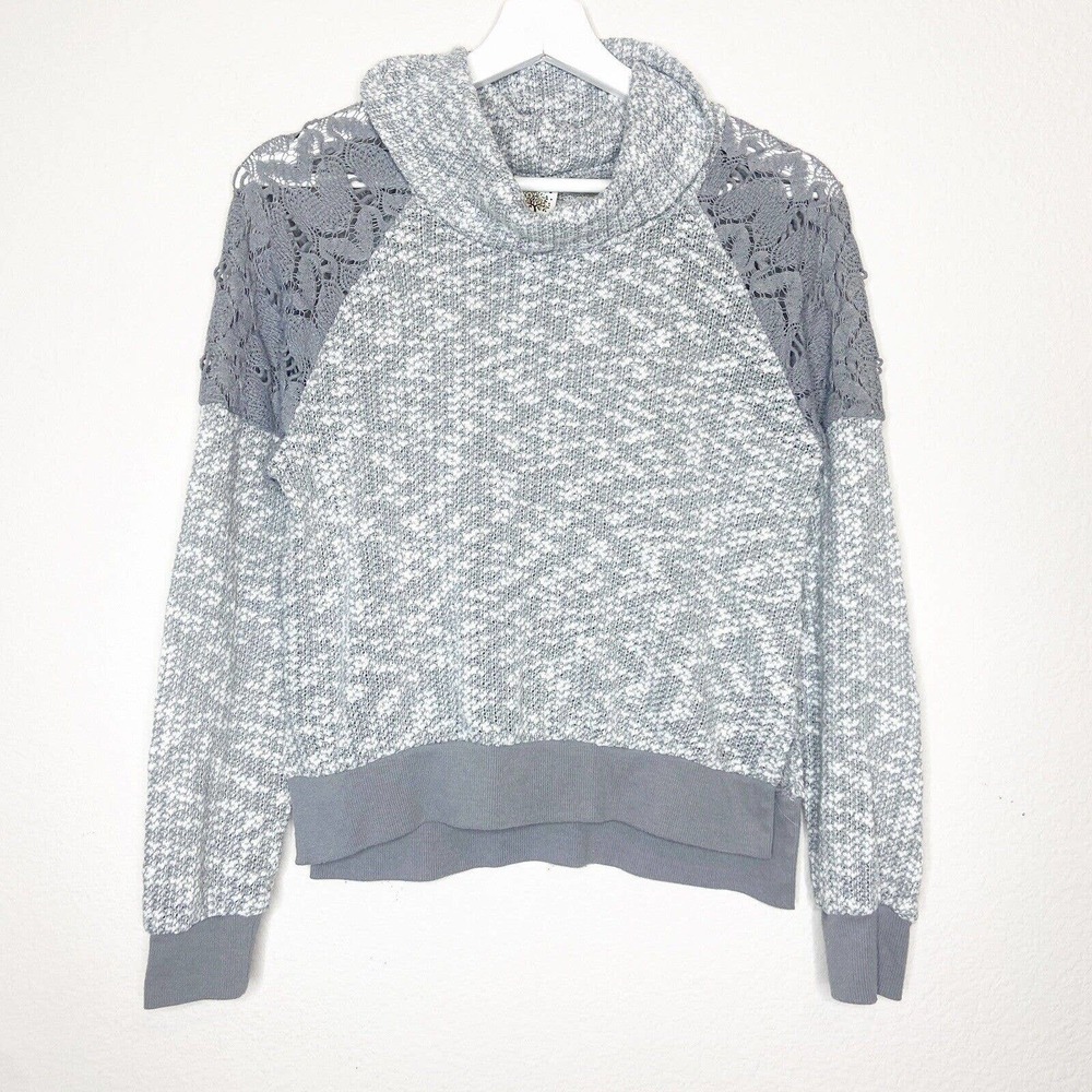 Self Esteem Lace Shoulder Cowl Neck Grey and White Sweater Sz S